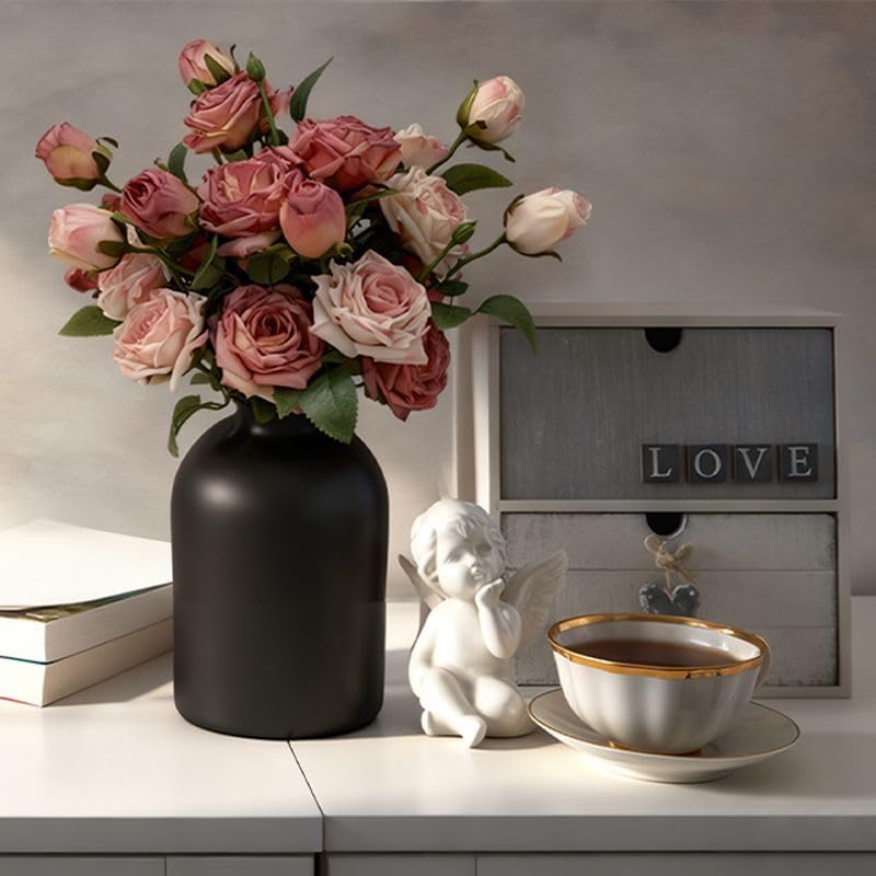 Artificial Flowers with Vase, 15 Heads Silk Roses, Flowers for Centerpieces, Matte Black Metal Vase, Modern Farmhouse Decor, Tabletop Decorations for Party, House Stuff for New Home, 8.6"