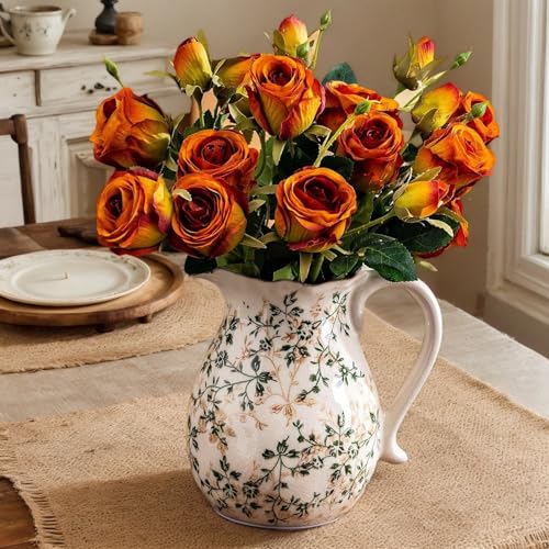 Ceramic Vintage Flower Vase with Handle, Green and Beige Rustic Farmhouse Pitcher Vase for Home Decor, Living Room, Bookshelf, Table Centerpiece 8 Inch