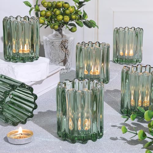 HAVITI 6 Pcs Votive Candle Holder, Green Glass Candle Holders, Tealight Candle Holder for Wedding Centerpieces Dinner Party Table Decor - color: Green