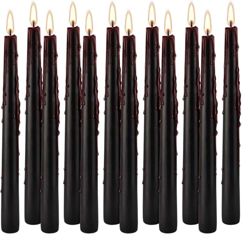 12PCS 10-Inch Black Bleeding Taper Candles,Vampire Tears Taper Candles- Unscented Candle Pack Ideal for Halloween, Christmas, Rituals, and Themed Party Decor. - color: 12Pack-Black Bleeding-10inch
