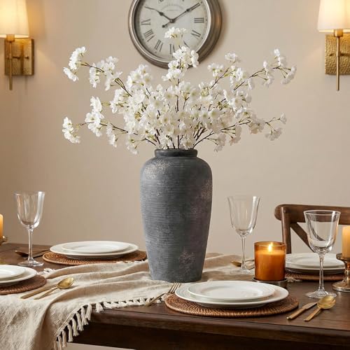 Rustic Distressed Ceramic Threaded Vase, 11"H Handmade Wabi Sabi Decor Vase (Deep Charcoal with Light Gray Weathering and Wheat Beige Patches) for Living Room Table Centerpieces, Entryway & Fireplace - size: 11 inch-A