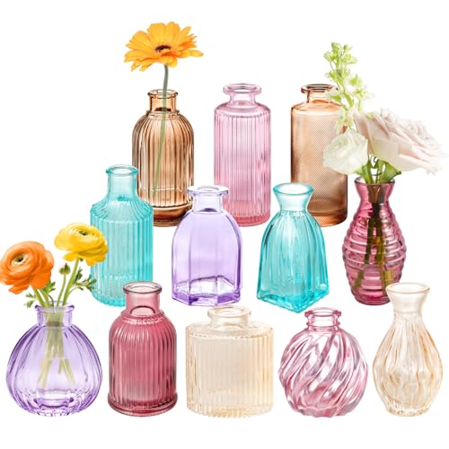 12PCS Mixed Colored Bud Vases Small Glass Vases for Flowers Colorful Vintage Flower Vase for Centerpieces Aesthetic Glass Bottles Bulk Wedding Baby Shower Home Decorations Gifts - color: Color Series, size: 1 Pack