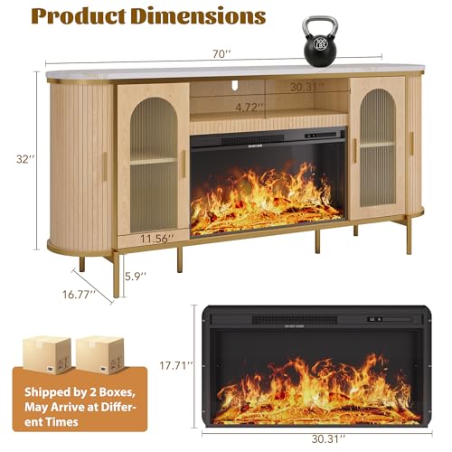 MXV 70" Fluted TV Stand for TVs up to 80", Mid Century Modern Entertainment Center with Sliding Doors & Glass Door, TV Console Table with Faux Marble Top for Living Room, Oak (70IN with Fireplace) - size: 70IN with Fireplace