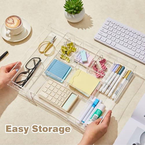 Briwooody 2 Pcs Acrylic Desk Drawer Organizer Maximum 12 x 18 x 2.1 Inch Expandable Drawer Organizer Trays with 8 Adjustable Compartments Desk Accessories for Makeup Silverware Office Bathroom - size: 12 x 18 x 2.1 Inch