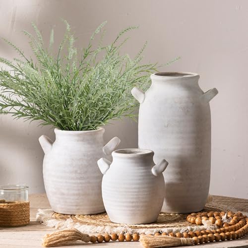 Vanselia Ceramic Flower Vase Home Decor - Farmhouse Table Vases with Handle Living Room Decoration Vintage Decorative Aesthetic for Shelf Coffee Dining Desk House Bookshelf Fireplace (6" Rustic) - color: 6" Rustic