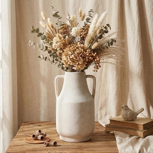 11 Inch Tall Ceramic Vase with Handles, Off-White Farmhouse Rustic Decor | Large Terracotta Style Table Vase for Living Room, Shelf & Fireplace Mantle | Decorative Pottery Centerpiece - color: Antique