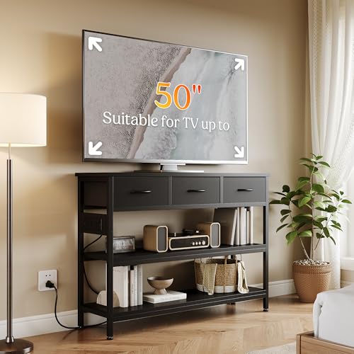 Lulive Entryway Table with Power Outlets, Console Table with 3 Fabric Drawers, Sofa Table for Living Room, Hallway, Couch, Foyer, Height Adjustable (Black, 43") - color: Black, size: 1-Pack 43 inches