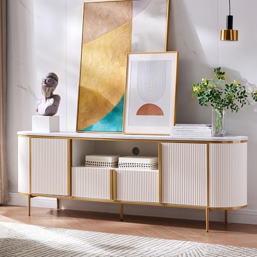 OKD Luxury 70" Fluted TV Stand, Modern Chic Entertainment Center for TVs Up to 80 inches, TV Console with Faux Marble Top, Curved Profile Design, Media Console for Living Room, Off White - color: Off White, size: 70" TV Stand without Fireplace