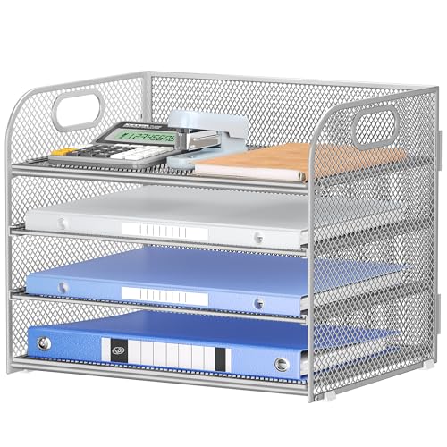 Lavatino 4-Tier Paper Organizer Trays - Silver Mesh File Folder Sorter with Handles, Desk Letter Holder Organizer for Office, Home, School Supplies Storage & Organization - color: 4 Tier - Silver