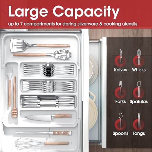 Aujen Silverware Organizer - Expandable Kitchen Drawer Organizer, Adjustable Utensil Organizer, Cutlery Tray for Forks, Knives, Multipurpose Kitchen Organizers and Storage Solution, White, Medium - color: White, size: Medium