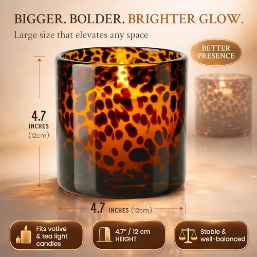 Tortoise Shell Candle Holder | Cheetah & Leopard Print Candle Holder | Large Amber Glass Votive 4.7" for Vanity | Animal Pattern Glass Decor | Tea Light, Jar Candle & Vanity Accent