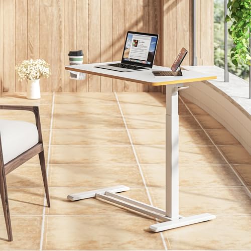 SANODESK Medical Adjustable Overbed Bedside Table with Hidden Casters, Pneumatic Mobile Laptop Computer Standing Desk Cart with Tray, Hospital and Home Use(31.5" W x 17.7" D, White) - color: White, size: Large