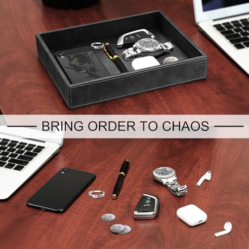 SITHON Valet Tray Desk Organizer, PU Leather Catchall Bedside Vanity Tray Nightstand Caddy Coin Box Key Jewelry Storage Organizer, Valentine's Day Gift, Black - color: *Black
