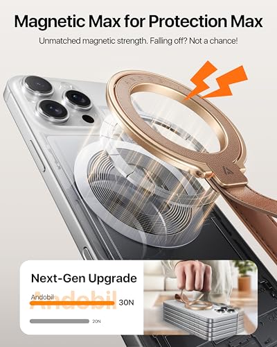 andobil [2026 Premium Leather] Magnetic Phone Grip for MagSafe [Longest Durable] Adjustable Phone Ring Kickstand with Leather Loop Compatible with MagSafe Accessories&iPhone 17 Air 16 15 14 13 Pro Max - color: brown