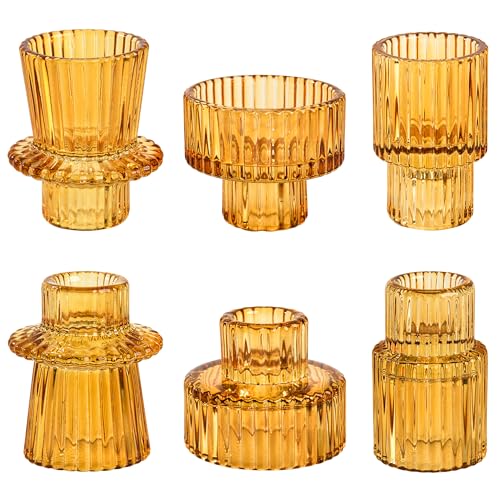 Taper Votive Candle Holder for Pillar Candles Tealight, Candlestick Holder for Wedding Christmas Tea Party, Boho Ribbed Vintage Crystal Glass Table Centerpiece Decor, Bulk Set of 6 (Amber) - color: Amber