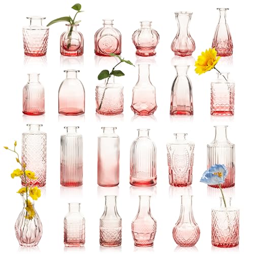 UMEIED 24 Pack Glass Bud Vases in Bulk for Centerpieces, Clear Vintage Decorative Small Vases for Flowers, Wedding Rustic Home Table Decor (Pink) - color: Pink