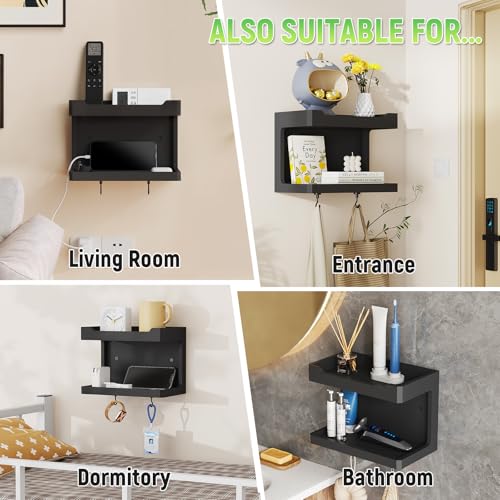 NiHome Large Wall Mounted Wooden Bedside Organizer, Double Storage Shelves & Magnetic Hooks, Solid Wood Bedside Shelf for Phone Glasses Remote Keys, Space-Saving Wall Rack for Bedroom RV Dorm (Black) - color: Black, size: Large