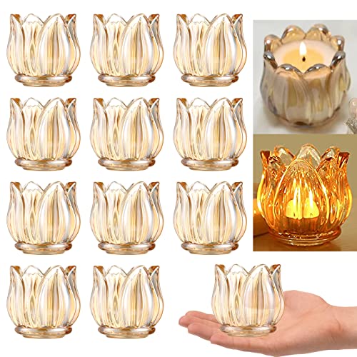 GOLDEAL 12Pcs Gold Votive Candle Holders, Thick Glass Tea Light Candle Holder Bulk, Tealight Candle Jars for Wedding Table Decor, Party Supplies, Bridal Shower Decorations, Centerpieces for Tables - color: Gold