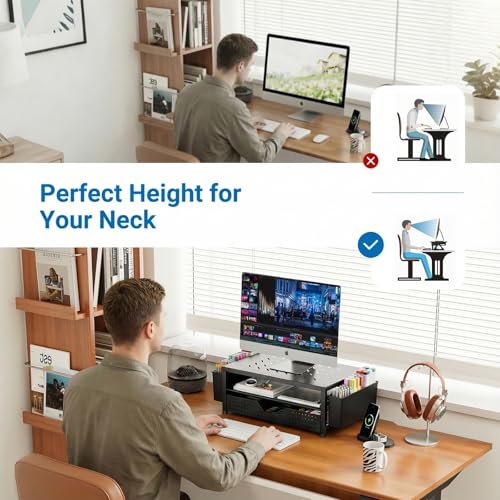 OPNICE Laptop Stand Desk Organizer, 2-Tier Metal Monitor Stand Riser with Drawer & 2 Pen Holders, Ventilated Perforated Steel Top, Office Desk Accessories for Home Office, Black - color: Black – Perforated Steel Top