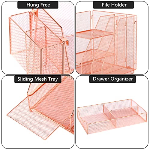Topwey Rose Gold Desk Accessories, Office Supplies Desk Organizer Caddy with Sliding Drawer, Double Tray, File Organizer and pen holder for Home, Office School - color: Rose Gold-2