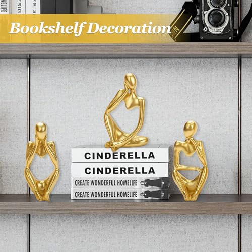 3PCS Gold Thinker Statues Home Decor, Resin Abstract Trendy Art Sculpture, Modern Aesthetic Collectible Figurines Display for Home Office Bedrooms Shelf Table Desktop Decoration