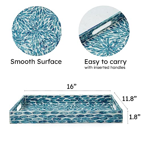 CLAYNIX Serving Tray 15.7" X11.8", Lacquer Mother of Pearl Inlay Mosaic Tray, Rectangle Wooden Marble Tray with Handles Trays for Tea, Breakfast in Bed, Table (Flower Style) - color: Flower Style