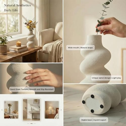 8 inch White Ceramic Vase for Table Centerpieces, Modern Farmhouse Decorative Vase for Home Decor, Perfect for Fresh/Dried Flowers （Spiral Shape） - color: White B