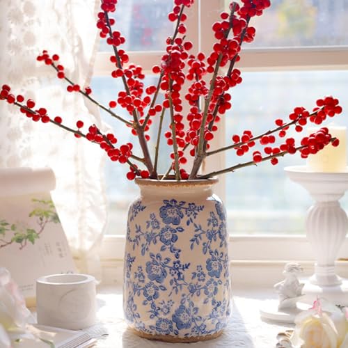 Ronasip Vintage Blue and White Chinoiserie Ceramic Vase, 6.9” Hand-Painted Peony Floral Design, Antique Style Vases for Home Decor, Centerpieces, Living Room, Balcony (Blue and White) - color: Blue and White