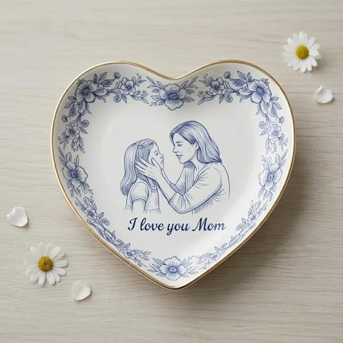 Personalized Heart Jewelry Dish Custom Mom Daughter Sketch Ring Tray Hand-Drawn Floral Ceramic Trinket Bowl Mother's Day Keepsake Unique Birthday Present for Nana Grandma Engraved Vanity Organizer - color: Design 02