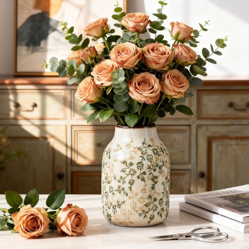 Green Vinatge Vase, Farmhouse Rustic Ceramic Flower Vase, Antique Chinoiserie Vases, Decorative Ice Cracked Large Vases for Home Decors, Living Dining Room Table, Shelf Decor, Office, 7.8 Inch - color: Green and Beige01