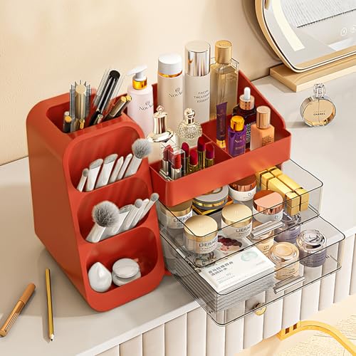 Booklov Makeup Organizer for Vanity, Large Capacity Cosmetic Display Case with Clear Acrylic Drawers, Countertop Beauty Storage Holder for Skincare, Brush Eyeshadow Lipstick, Counter Desk, Crystal Red - color: Crystal Red, size: L01