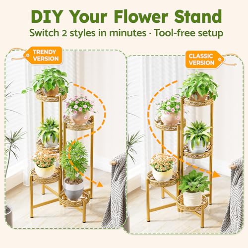 Gold Plant Stand Indoor Outdoor, Corner Metal Flower Pot Stands for Multiple Plants, 5 Tier Heavy Duty Plant Shelf for Patio Garden Balcony Living Room Bedroom - GoldWave - color: GoldWave, size: 5-Tiers