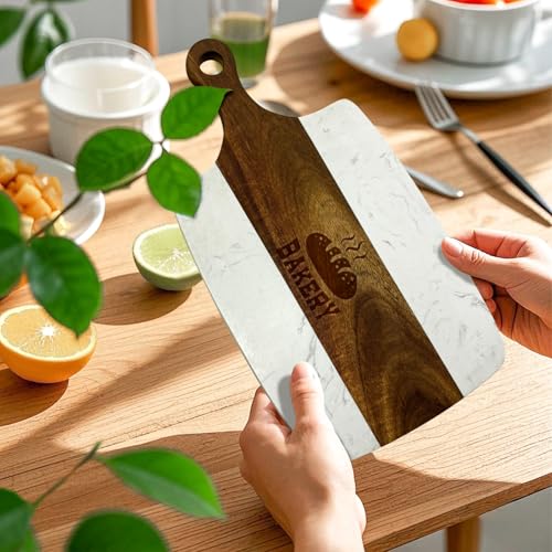6 Pack Marble and Wood Cutting Board Acacia Wooden Marble Serving Tray with Handle Charcuterie Chopping Board for Laser Engrave, DIY Gift(13.75 Inches x 7.25 Inches)