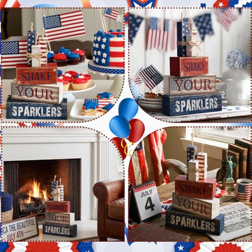 CroBlissful 4 Pcs 4th of July Decorations Patriotic Memorial Day Tabletop Decorations Red White Blue Table Centerpieces Sign for Office Tiered Tray Home Shelf 250th Anniversary(Shake) - style: Shake