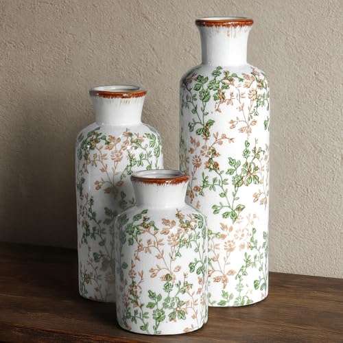 Ceramic Vase Set of 3, Vintage Ceramic Flower Vases, Crackle-Glaze & Distressed Rim, Brown & Green Botanical Pattern, for Home Decor, Living Room Mantel & Dining Table Centerpiece - color: Green & Brown01