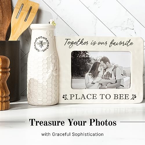 youngs Inc Ceramic Bee Vase w/Photo Frame, White, Black, 11.25" Length x 3.00" Width x 8.00" Height - color: Vase Photo Frame