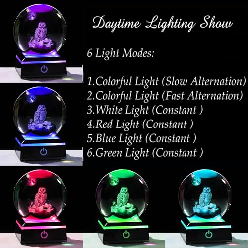 Qianwei Owl Gifts for Women 3D Crystal Ball 3.14'' - Laser Owl Decor Glass Animals Bird Figurines Statue Stuff for Room Decorations Bird Night Light - style: Owl