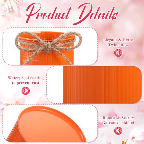 Rustic Vase for Table Centerpieces 4.33 Inch Small Petite Flower Vase with Twine Bow Vintage Farmhouse Decor for Wedding Reception Dining, Home Galvanized Metal Buckets(Orange, Fuchsia, Pink,12 Pcs) - color: Orange, Fuchsia