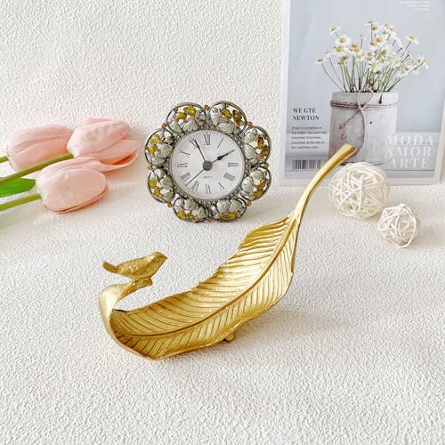 Small Leaf Shaped Trinket Dish, Decorative Gold Jewelry Dish Tray, Ring Hodler Dish Jewelry Organizer - color: Bay Leaf with Bird