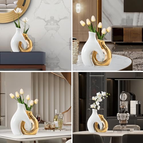 White and Gold Vases, Set of 2 vases Flowers, Pretty Vase Home Decor Boho, Hollow Modern Ceramic vase for Centerpieces - color: Gold Ocean