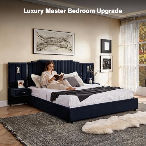 Luxury Queen Size Bed Frame with LED Lights and Nightstands, Modern Velvet Upholstered Platform Bed Frame with Oversized Headboard, Buttons Around, No Box Spring Needed, Dark Blue | Breathable material - color: Dark Blue-velvet, size: Queen