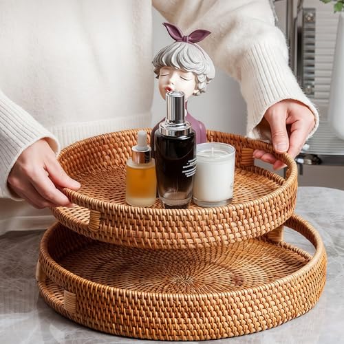 2 Pack Round Rattan Tray, Hand Woven Serving Tray with Handles, Wicker Serving Basket, Decorative Tray for Home Decor, Natural (11.8 + 14 inch) - color: Natural, size: 11.8" + 14"