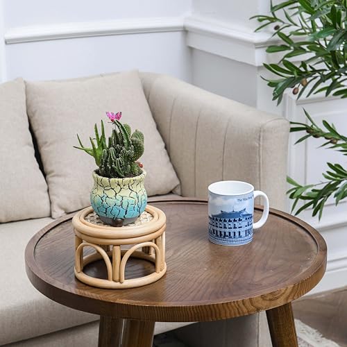 Set of 2 Small Boho Rattan Wicker Round Riser Plant Stand Indoor,Rustic Farmhouse Natural Wooden Circle Pedestal for Decor & Display, Tabletop, Office Decor - size: 6.0" & 8.0"