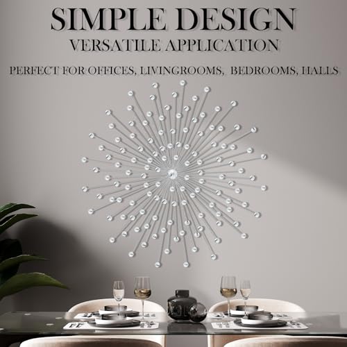 Blulu Silver Crystal Sunburst Wall Decor Large Rhinestones Metal Burst Bling Wall Art Home Decorative Sunburst Hanging Diamond Accents for Living Room Bedroom, 23.6 x 23.6 Inch