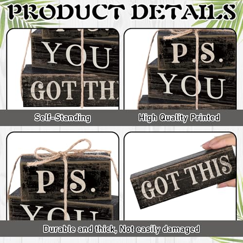 Yuntau 4 Pcs Farmhouse Motivational Office Desk Black Decor P. S. You Got This Wooden Tabletop Inspirational Tiered Tray Decorations Rustic Sign Block Gift for Women Home Kitchen Shelf - style: Got This