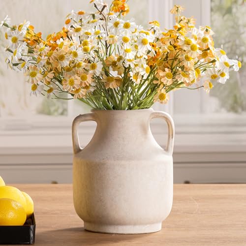 Mitt&Ditt Ceramic Flower Vase with Handles, 8 inch Tall Off-White Vase, Decorative Terracotta Vases, Farmhouse Rustic Pottery Vases for Home Decor, Living Room, Table - color: A-8"h-antique