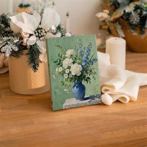 RTVJTERQ Ready to Hang Canvas Wall Art 8x10, Mixed Flowers in Blue Vase Oil Painting, Elegant Botanical Decor for Living Room Bedroom Dining Room
