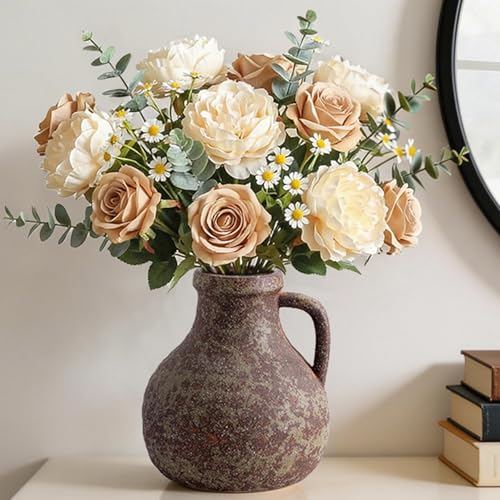 Ceramic Flower Rustic Vase, 7.1 Inch Farmhouse Rusty Vases for Home Decor Handcrafted Pottery Vase Small Terracotta Vases for Dining Table Decor Fireplace Living Room Bathroom Wedding Centerpiece - color: 204-2-7.1in