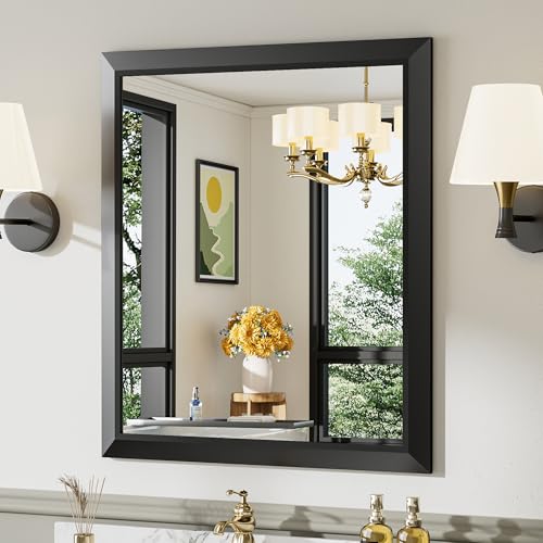 Briivue 28x32 Inch Black Bathroom Mirror for Wall, Thick Metal Framed Rectangle Mirrors for Over Sink, Bedroom, Living Room, Entryway, Anti-Rust, HD Tempered Glass - color: Black, size: 28"L x 32"W
