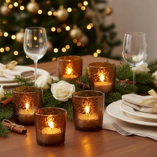 12 Pack Hummingbird Embossed Glass Candle Holders – Votive Tealight Holders with Patent Design, Decorative Embossed Glass Cups for Wedding Centerpieces, Parties, and Home Décor (Chestnut Brown) - color: Chestnut Brown
